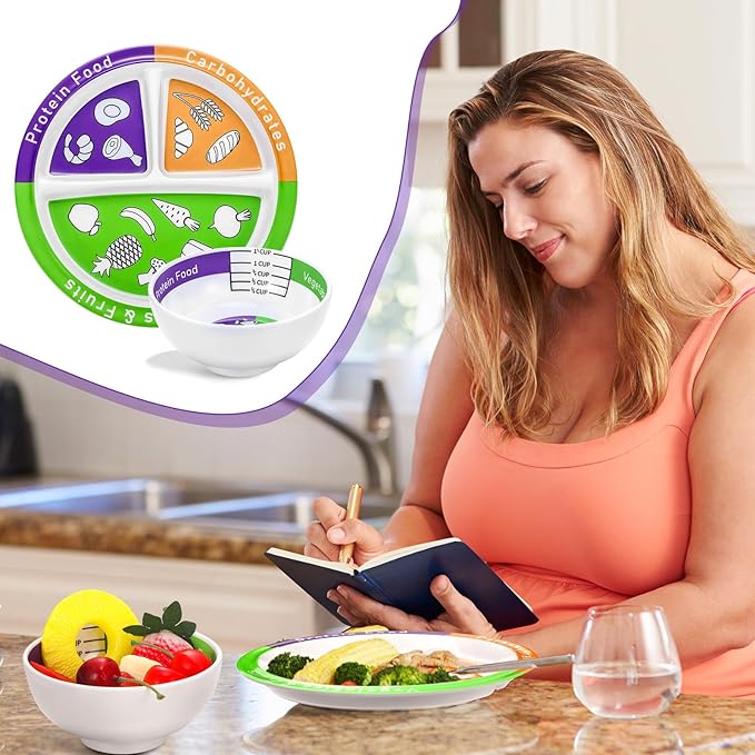 6 Pcs Bariatric Portion Control Set with 3 Bariatric Plates 3 Portion Control Bowls and Stainless Steel Flatwares for Adults Diet Balanced Eating Weight Loss Serving Plans(Simple)