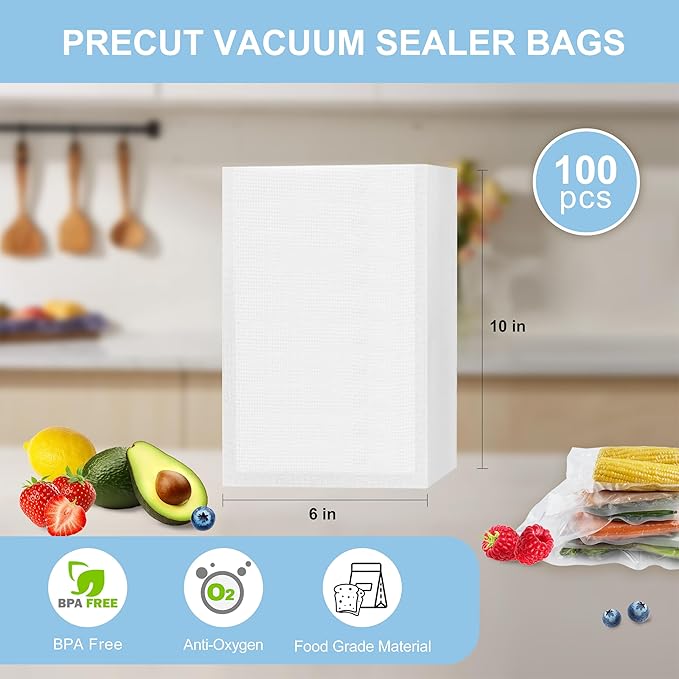 100pcs Vacuum Sealer Bags, Pint 6" x 10" Food Saver Bags, Pre-cut Commercial Grade Vac Bags for Food Storage, BPA Free, Heavy Duty, Meal Prep or Sous Vide Cooking