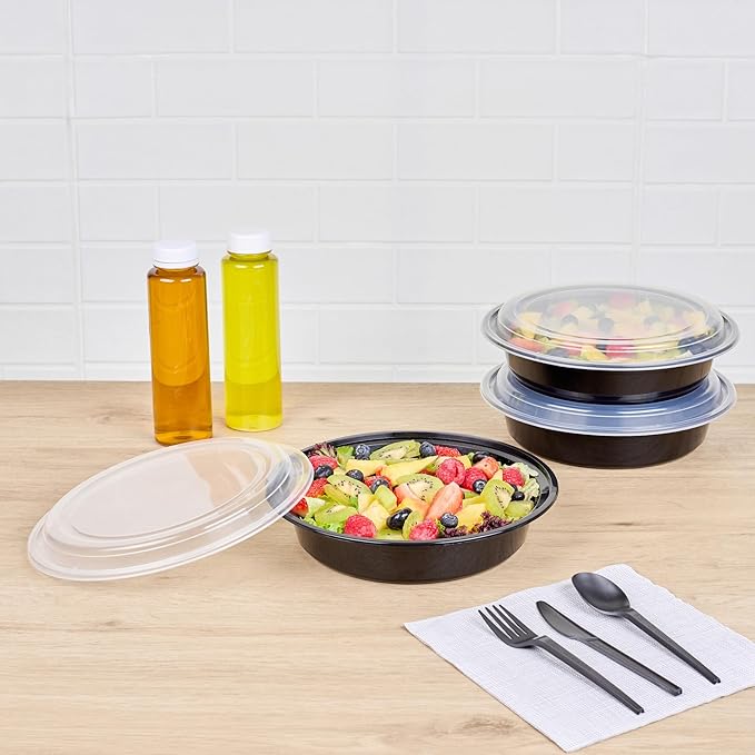 Restaurantware Asporto 48 Ounce To Go Boxes 100 Microwavable Take Out Food Containers - Clear Plastic Lids Included Do Not Contain BPA Black Plastic Catering Food Containers Disposable Round