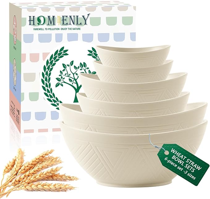 Homienly Wheat Straw Mixing Bowls, Bowls for Kitchen Set of 6, Premium Wheat Straw Mixing Bowls Set Includes 3 Size, Unbreakable Mulit Size Bowls for Salad,Serving,Cereal,Dinner,Fruit,Dessert (Beige)