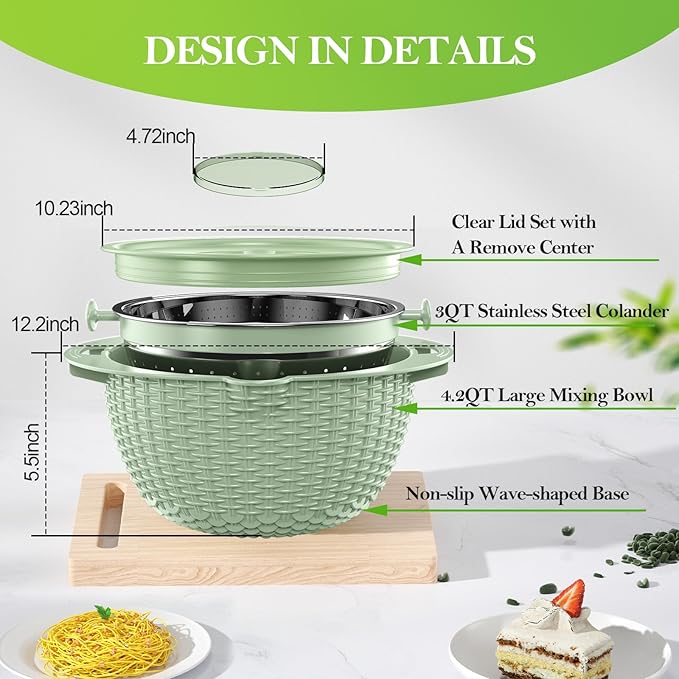 4 in 1 Colander with Bowl Set, Food Strainers and Colanders, Colander for Kitchen, Pasta Strainer, Fruit and Veggie Washer, Fruit Washing Bowl with Strainer, Kitchen Essentials Set, Green