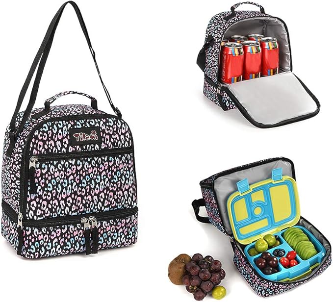 Tilami Lunch Bags Insulated Adjustable Strap Zipper, Two Compartments Cooler Bags, Bento Bags for Kids Toddlers, Colorful Leopard