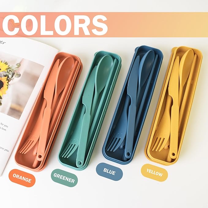 Large Reusable Utensils Set with Case, 4 Sets Large Plastic Travel Cutlery Set with Chopsticks, Portable Fork Spoons Knife Set Lunch Box Utensil Set for Adults Camping Picnic Use