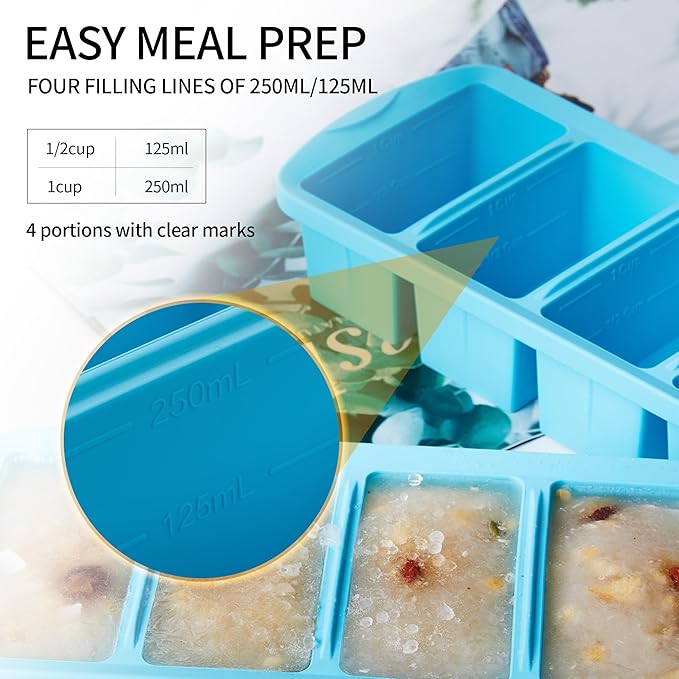 Silicone Freezer Tray with Lid 2 Pack Silicone Freezer Molds - Large Ice Cube Tray - Makes 8 Perfect 1 Cup Portions Soup Cubes Meal Prep Containers- Oven & Dishwasher Safe