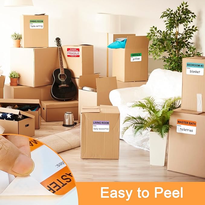 600 Writable Labels - 2' x 3', 20 Color-Coded Home Moving Packing Labels with Fragile, Extra, Heavy Options