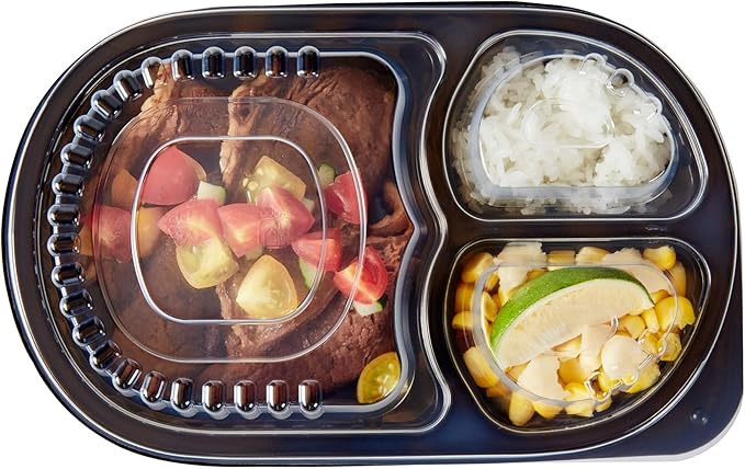 Restaurantware RW Base 19 Ounce Meal Prep Containers, 100 Microwavable To Go Containers With Lids - 3 Compartments, Disposable, Black Plastic Oval Food Containers, For Hot And Cold Food, Freezable