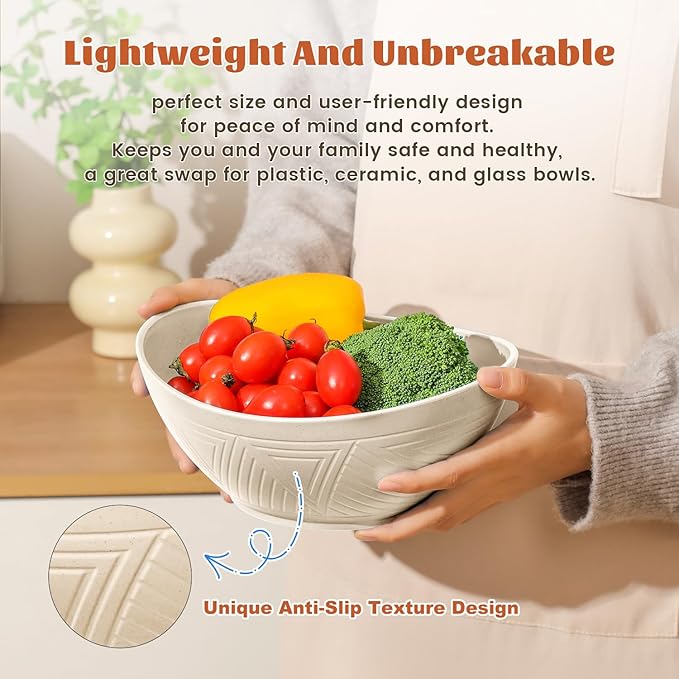 Homienly Wheat Straw Mixing Bowls, Bowls for Kitchen Set of 6, Premium Wheat Straw Mixing Bowls Set Includes 3 Size, Unbreakable Mulit Size Bowls for Salad,Serving,Cereal,Dinner,Fruit,Dessert (Beige)