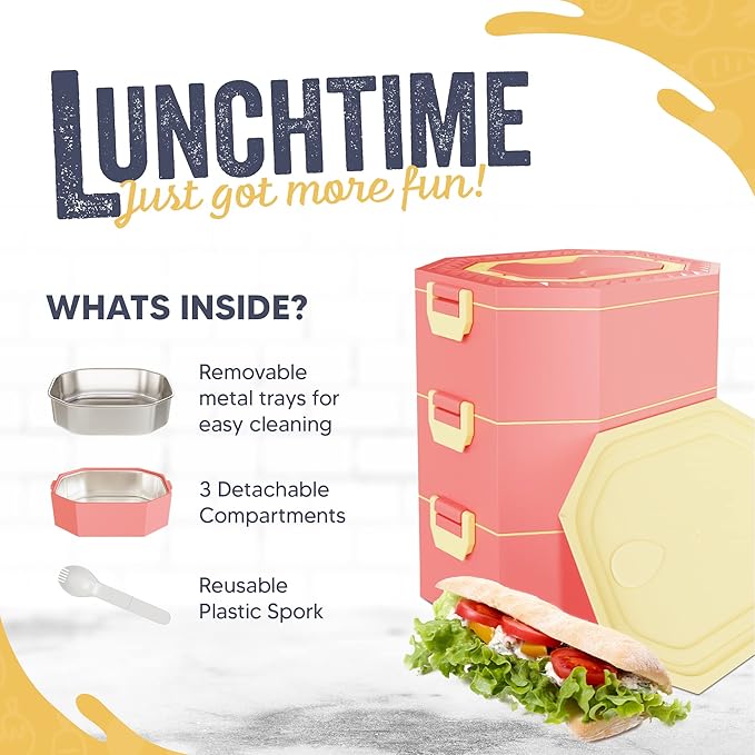 Stainless Steel Stackable Bento Box Adult Lunch Box with Cutlery - Hot/Cold - Separates Ideal Portion Sizes - Reusable Tin Inserts - Dishwasher Safe - Stackable Lunch Container for Adults with Spork