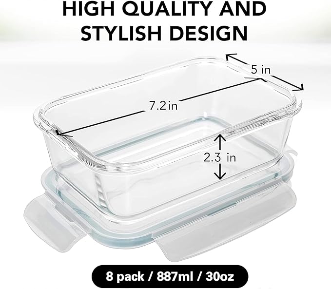 Razab 16 Pc (Set of 8) 30 Oz Glass Food Storage Containers with Lids, Airtight Large Reusable Leak Proof BPA Free Food Prep Containers, Freezer to Oven Safe