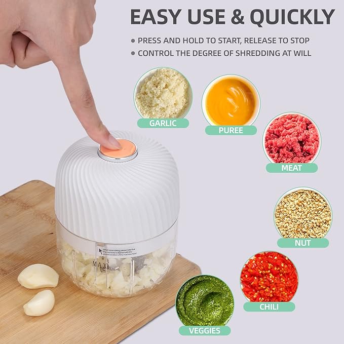 Electric Garlic Chopper, Portable Veggie Chopper, 350ML Garlic Grinder Masher Onion Chopper, Blender to Vegetable, Cordless Food Processor for Ginger, Chili, Fruit, Meat, Spices, Beans, etc