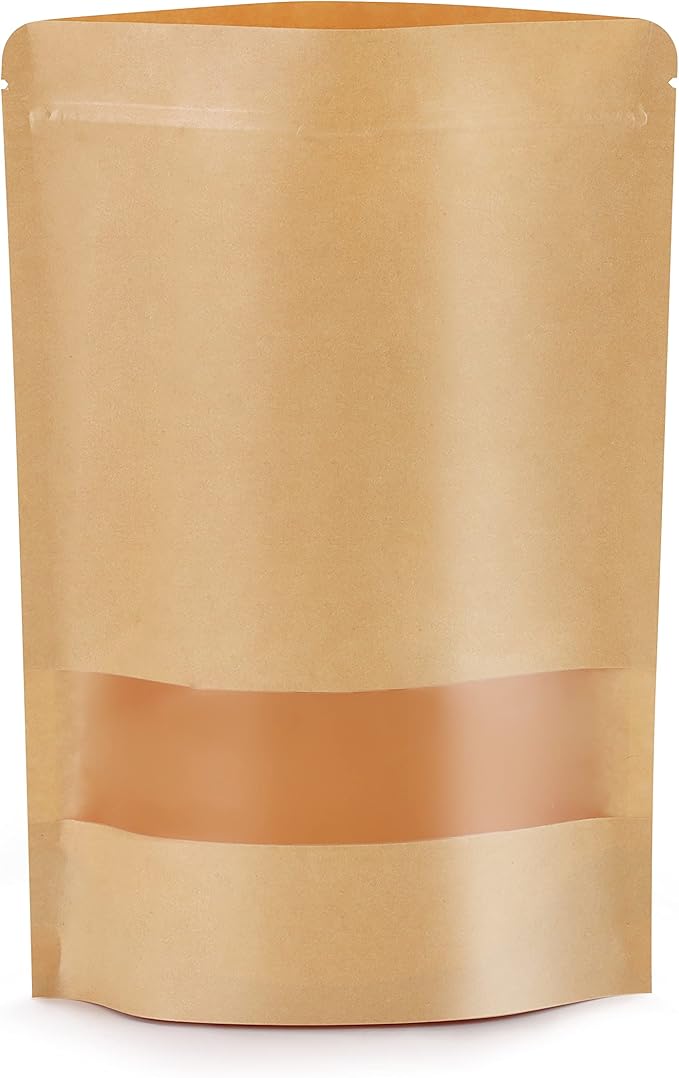 100pcs Kraft Bags with Window 4.7x7.8 Inches Brown Reusable Sealable Zip Lock Food Storage Stand up Paper Pouches for Home or Business