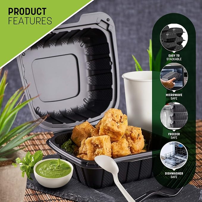 8X8X3 50-Pack Plastic Clamshell Takeout Food Trays Heavy Duty Disposable Box For Pasta Salad Sandwich Carryout Meal Prep Packaging Catering Hinged Containers With Secure Snap Lid - Black