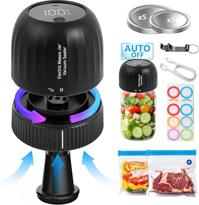 Yoobao Mason Jar Vacuum Sealer Kit - Auto Stop 3 in 1 Electric Mason Jar Sealer for Jars with Regular & Wide Mouth and Sous Vide Bags, Portable Canning Sealing Machine for Food Storage