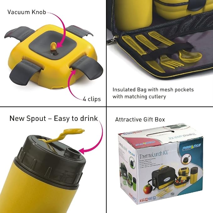 Pinnacle Thermoware Lunch Box Bag Set for Adults and Kids, Yellow, Stainless Steel and Plastic, Matching Cutlery Included