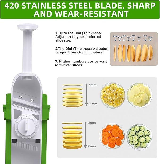 Safe Mandoline Slicer for Kitchen, Adjustable Thickness 0.1-8 mm, Professional Vegetable Slicer, Potato Slicer, Food Chopper French Fry Cutte, Mandolin, Chopping Artifact Fast Veggie (avocado Green)