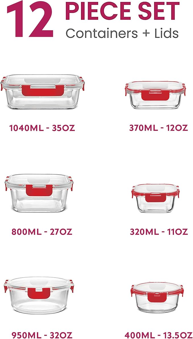 FineDine 12 Piece Glass Storage Containers with Lids - Leak Proof, Dishwasher Safe Glass Food Storage Containers for Meal Prep or Leftovers, Red