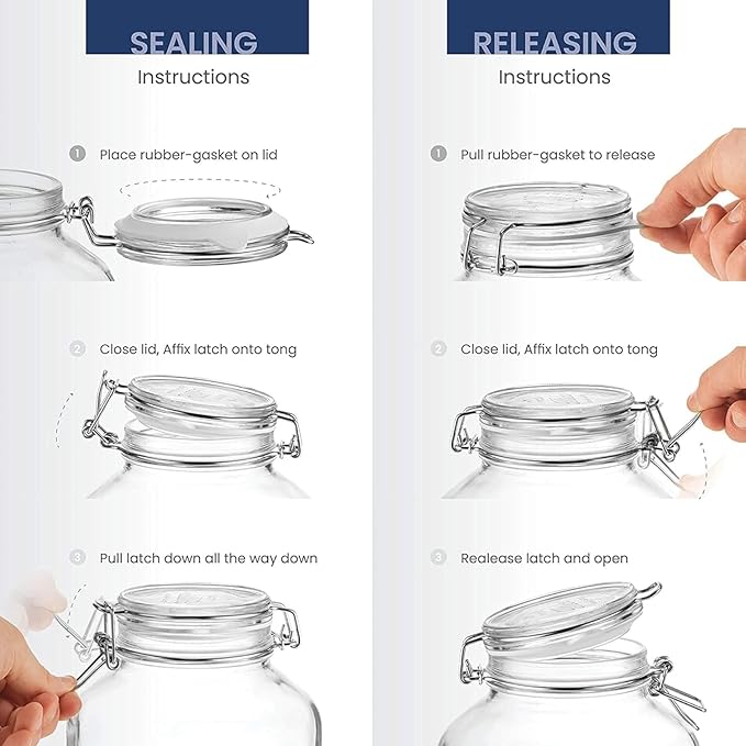 Bormioli Rocco Fido Wide Mouth Squared Glass Jar with Airtight Gasket Clamp Lid for Canning and Food Storage, Clear Top, 50.75 oz.