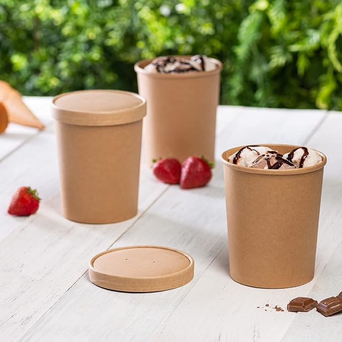 GUSTO [32 oz. - 25 Count Kraft Paper Food Containers with Vented Lids - To Go Hot Soup Bowls, Disposable Ice Cream Cups, Ideal for Hot and Cold Foods - (Formerly Comfy Package)
