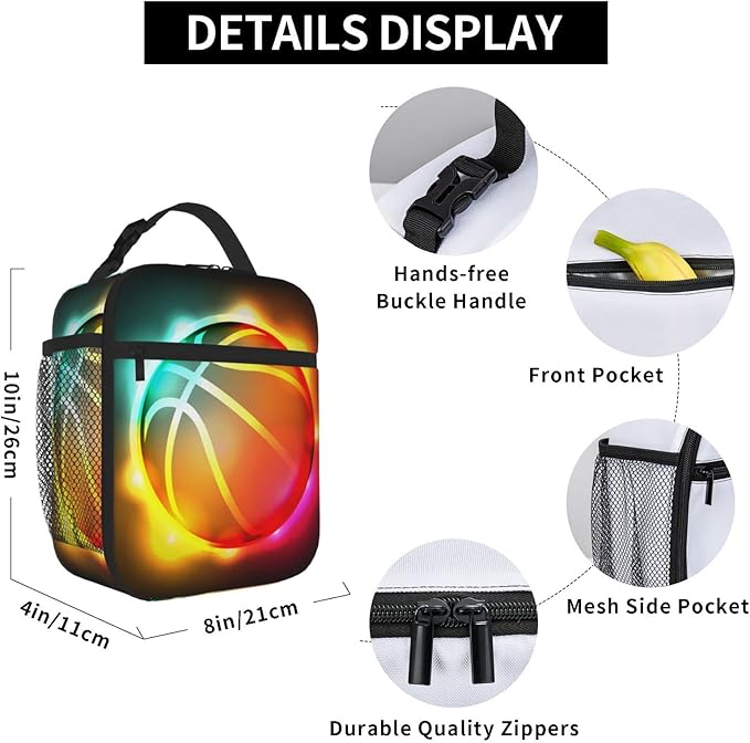 SARA NELL Cool Colorful Growing Fireball Lunch Box Basketball Lunch Bag Insulated Reusable Portable Lunch Tote Cooler Bag for Women Men Teens Kids, Office Work School Travel Lunchbox