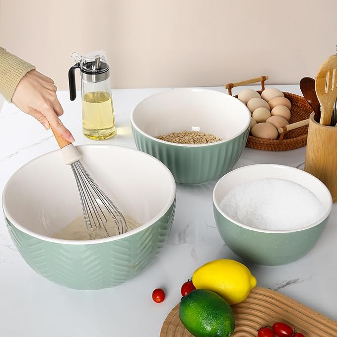 HAPPY KIT Ceramic Mixing Bowls Set, Serving Bowls Set For Kitchen,Large 5/3/1.5 Quart Bowl Set of 3, Prep Nesting Bowl for Baking and Mixing Salad,Avocado green