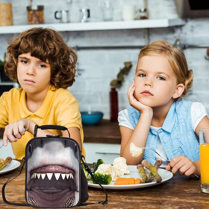 7-Mi KIds Insulated Lunch Bags For Food Children 3D Shark Lunch Tote Box Meals With Shoulder Adjustable Strap And Water Bottle Holder