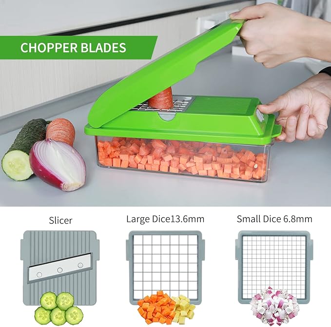 LHS Vegetable Chopper, Multifunctional Food Chopper, Pro Onion Chopper, Vegetable Slicer Dicer Cutter with 3 Blades, Veggie Chopper with Container(6-in-1,Green)