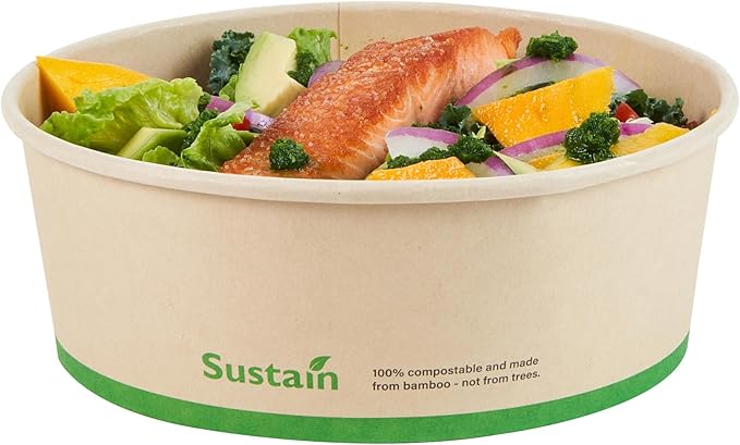 Restaurantware-Sustain 44 Ounce Sturdy Paper Take Out Boxes, 50 Round Take Out Food Containers - With PLA lining, Compostable, Bamboo Paper Containers, Disposable, Greaseproof