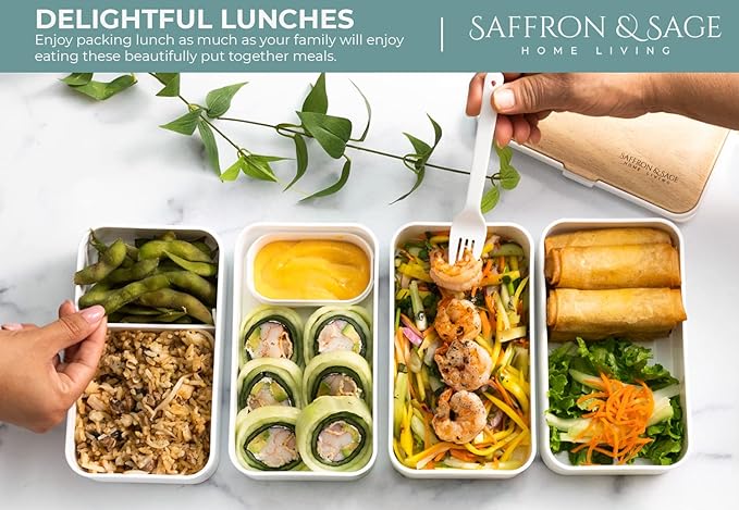 Saffron & Sage Bento Lunch Box - 42oz White Japanese style Bento Box for Adults or Kids with Cutlery, Chopsticks, Sauce Container and Bento Bag - Leak proof, Dishwasher, Freezer, Microwave safe