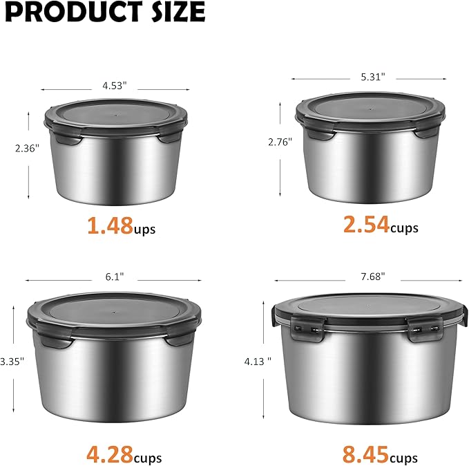 Stainless steel food storage containers leak proof & airtight lids for Kitchen,stainless steel bowl,meal prep lunch box,freezer and microwave safe (4-piece)