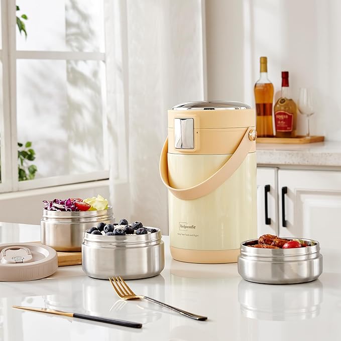 78 oz Adults Stainless Steel Vacuum Insulated Wide Mouth Soup Food Thermos Hot Food Jar with Keep Thermal Portable 3 Tier Stackable Bento Hot Food Containers Lunch Boxes (White)