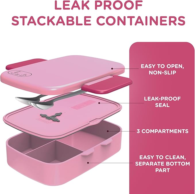 Kids Bento Lunch Box For Boys and Girls With Free Cutlery Set, 6 Sticker Sheets (5+ Years) and Parent Cards - 880 ML Leakproof 3 Compartment Lunch Box for kids, Portion Control Bento Box Kids - Pink