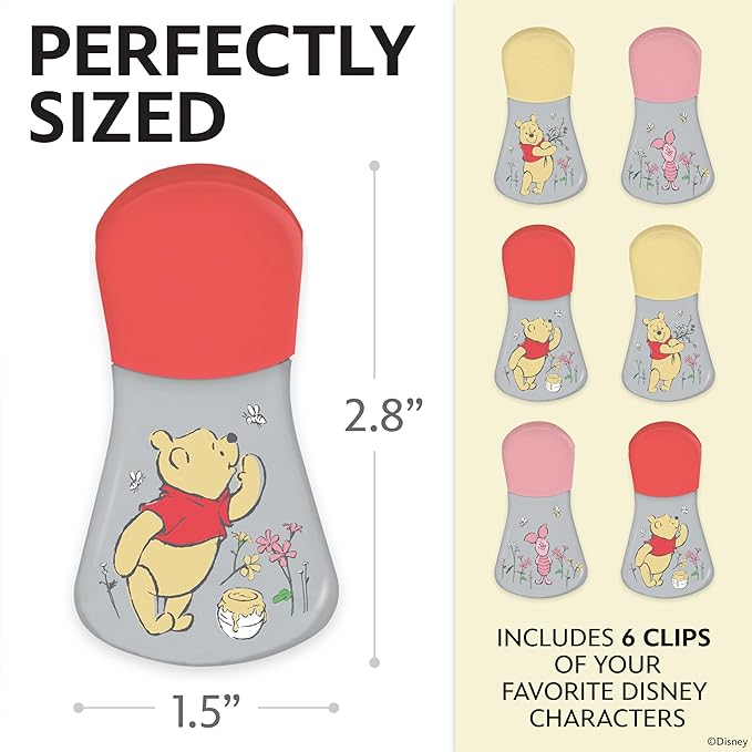 Disney Magnetic Chip Clips – Set of 6 Bag Clips for Food Storage - Mickey, Minnie, Lilo & Stitch, Winnie The Pooh – Durable Airtight Bag Chip Clips for Pantry & Fridge Use