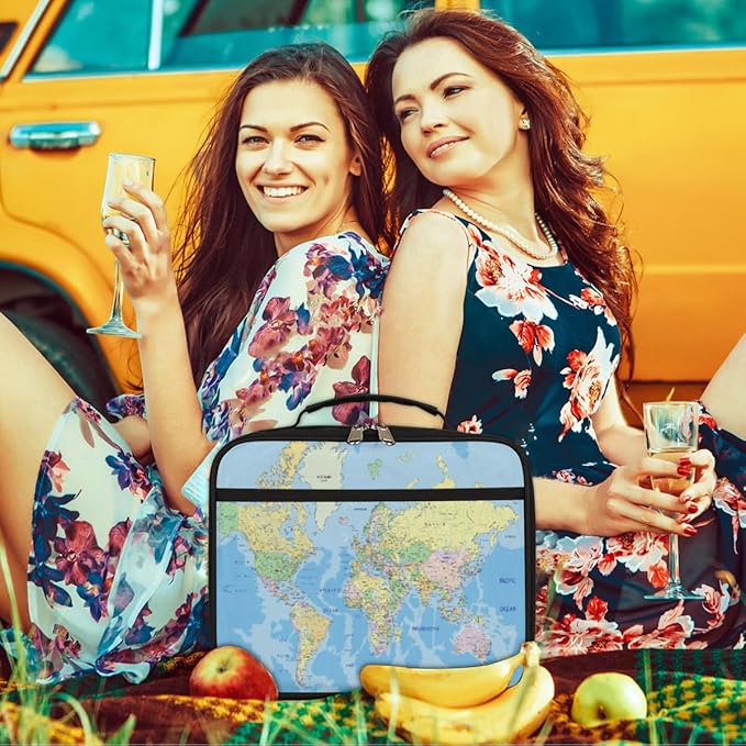 Political World Map Lunch Box for Women Men Map Blue Ocean Soft Insulated Lunch Bag with Handle Freezable Lunch Cooler Reusable Lunch Tote Bag for Office Work Sports Beach Picnic Travel