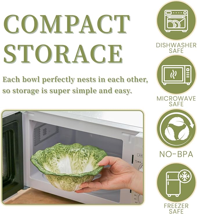 KXZ Green Cabbage ramen Bowl -16 oz pasta bowl, dishwasher and microwave safe, perfect for salads, party fruit bowls, ceramic pho soup bowls