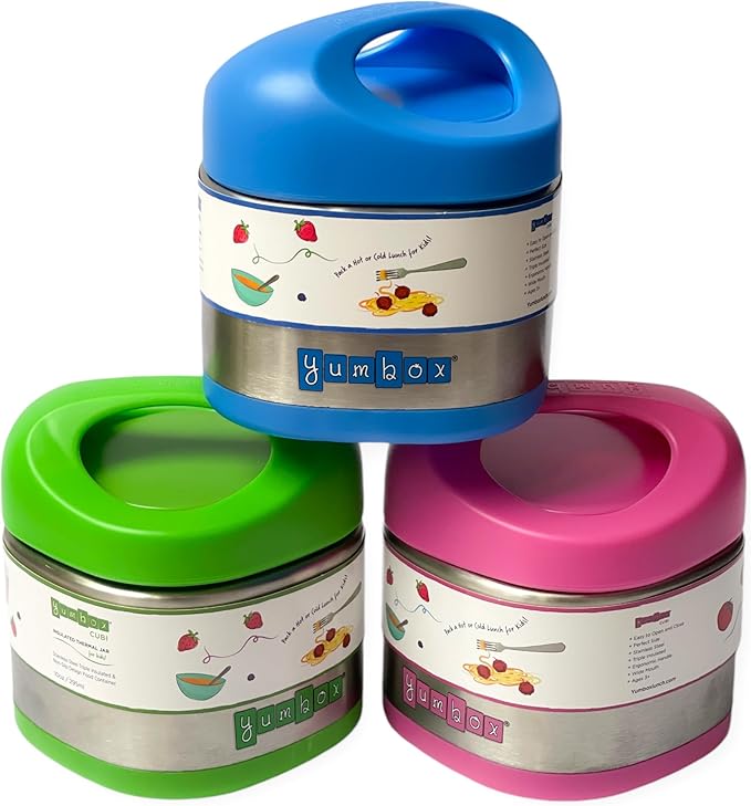 Yumbox Cubi Triple Insulated Stainless Steel Thermal Jar for Hot & Cold Lunches, Kids Size, Easy Open and Carry Handle, Unique Rounded Square Jar and Non-Slip design (Surf Blue)