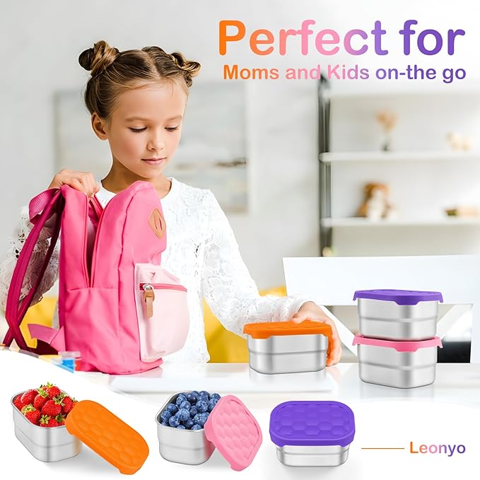 Leonyo 18/10 Stainless Steel Snack Containers for Kids, 8oz Food Container with Silicone Lid Easy Open Leak Proof, Metal Toddler Lunch Box for Daycare School, Healthy & Lightweight, Multi-color&3Pcs