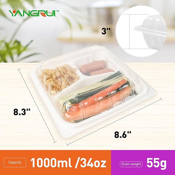 YANGRUI To Go Containers, Reusable Anti-Fog Shrink Wrap 25 Pack 8 x 8 Inch 34 OZ White Plastic Meal Prep Boxes BPA Free Microwave Freezer Safe 3 Compartment Clamshell Take Out Container
