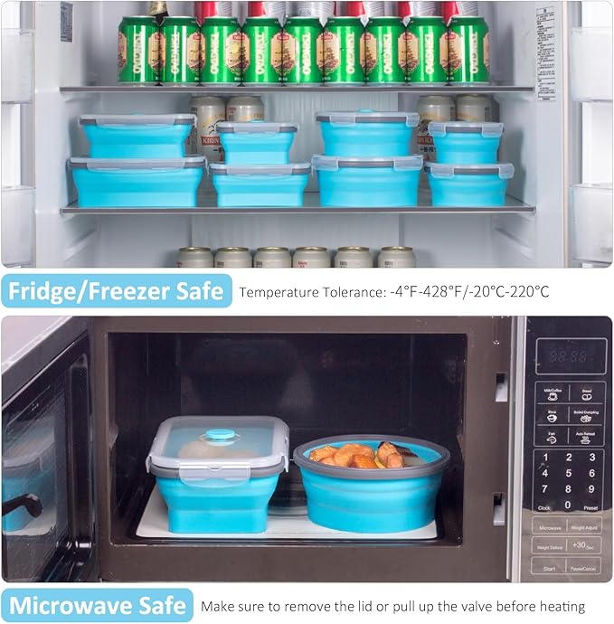 Bundle of 8 Pack Collapsible Food Storage Containers with Lid Blue + 3 Pack Silicone Freezer Trays with Lids Aqua