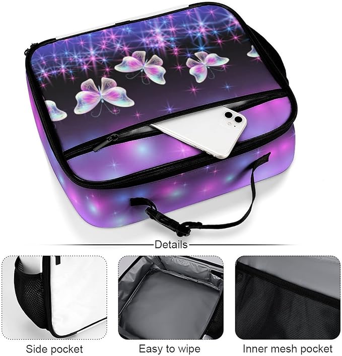 Butterflies and Sparkle Stars Reusable Lunch Box Insulated Lunch Bag Cooler Bag Lunchbox Meal Food Container Tote Bag for Women Kids Girls School Camping Hiking Picnic Beach Travel