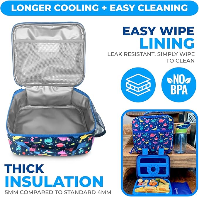 Bento Lunch Box with Bag, Water Bottle & Ice Pack Set for Kids Toddlers, 4 Portion Sections, Removable Tray, Pre-School Boy Toddler Daycare Lunches, Insulated Snack Container, Blue Space Dinosaur