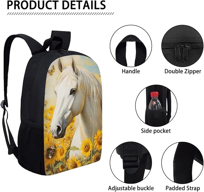 Dolyues Sunflower Horse Girls Backpack Combo: 17 Inch Lightweight Backpack, Eco-Friendly Lunch Bag & Organizer Pencil Case - Ages 5-10