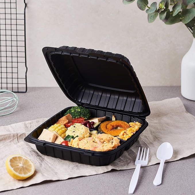 9X9 3-Compartment 50-Pack Plastic Clamshell Takeout Food Trays Heavy Duty Togo Disposable Box For Pasta Salad Sandwich Carryout Hinged Containers With Secure Snap Lid (Formerly FULING)