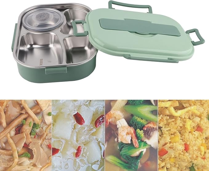 Raguso Boxs Dinnerware 4‑Grid Lunch Box Stainless Steel Meal Prep Containers for Canteens Office Family Food Storage Container (Four-compartment lunch box with soup bowl: green)