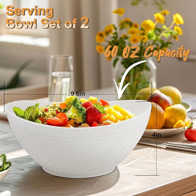 Homienly Serving Bowls Large Salad Bowls Set of 2 - Premium Wheat Straw Bowls Unbreakable Big Bowls for Fruits, Salads, Popcorn, Chips | 60 OZ Large Capacity for Party & Other Events - White