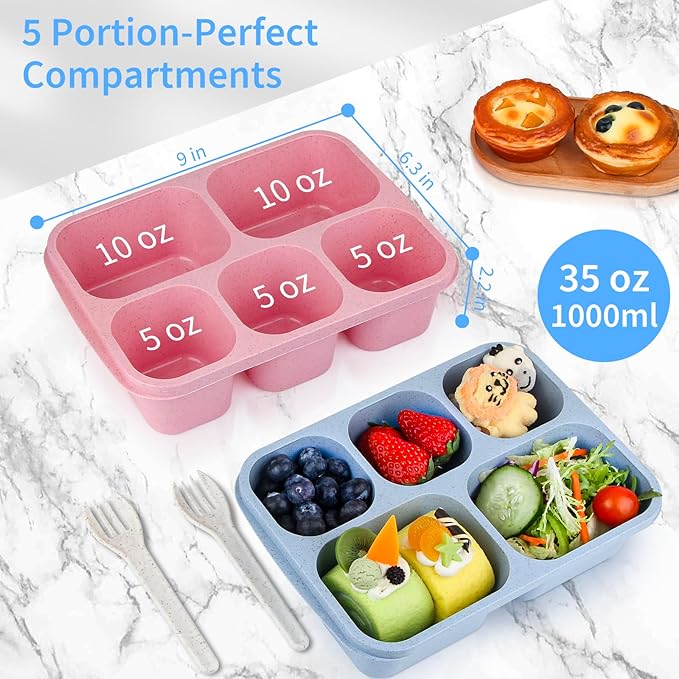 MaMix Bento Box Adult Lunch Box, 5 Compartment Snack Box for Adults 4 Pack, Reusable Stackable Snack Containers for Kids Adults with Utensils, for School, Work, and Travel (Wheat)