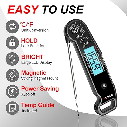 Professional Food & Meat Thermometer, 1 Sec Instant Read & ±0.5℉ Accuracy Driven by Thermocouple Sensor. IP67 Waterproof Digital Thermometer for Cooking, BBQ, Grilling. Gifts for Him Dad. Black