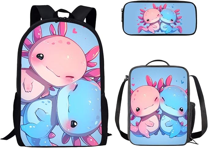 Dolyues Couple Axolotl 3-Piece Backpack Set for School - Includes Travel Backpack, Lunch Box & Pencil Case - Perfect for Middle School, Preschool & Kindergarten