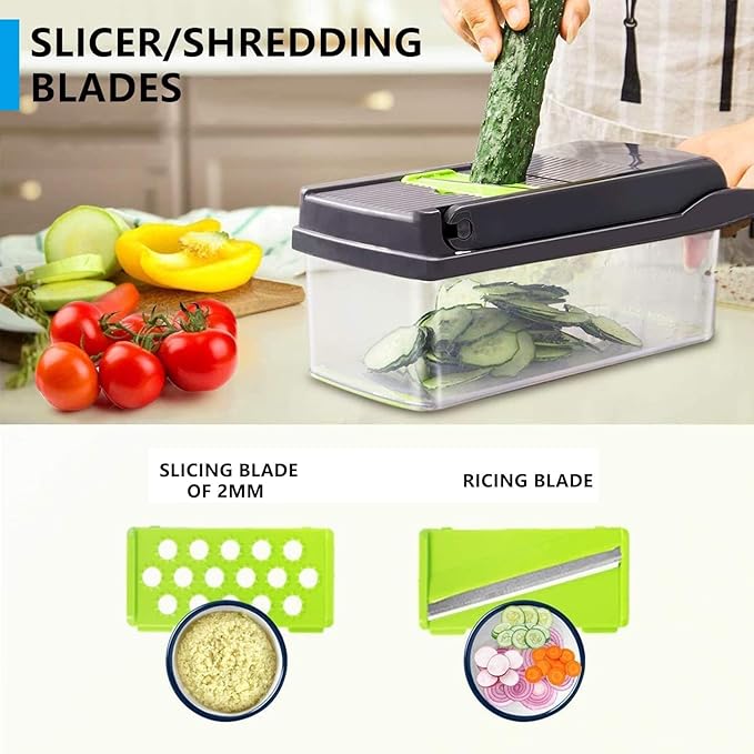 Vegetable Chopper, Onion Chopper, Mandolin Slicer,Pro 10 in 1professional food multifunctional Vegetable Chopper and Slicer, Dicing Machine, AdjustableVegetable Cutter Container (Gray>Green Mix)