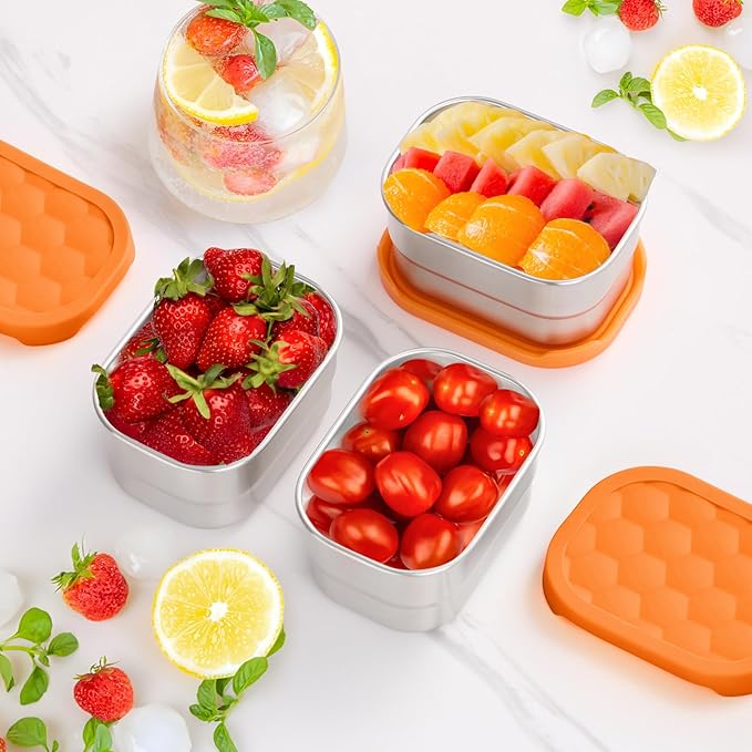 Leonyo 18/10 Stainless Steel Snack Containers for Kids and Toddlers, 8oz Lunch Containers with Silicone Lids, Metal Toddler Lunch Box for Daycare and School, Easy Open Leak Proof