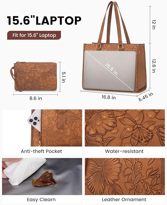 LOVEVOOK Lunch Tote Bag for Women, 15.6 Inch Laptop Bag with Insulated Lunch Compartment, Quilted Large Capacity Computer Handbag with Purse for Business, Work, Office, Casual, Yellowish brown